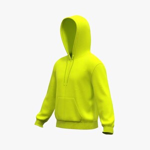 May include: A bright yellow hooded sweatshirt with a pouch pocket on the front.