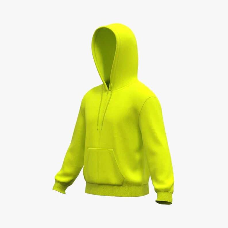 May include: A bright yellow hooded sweatshirt with a pouch pocket on the front.