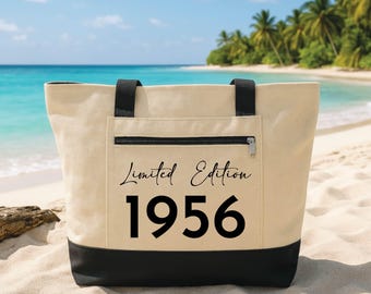 Personalized 70th Birthday Tote Bag with Zipper, Custom 1956 Canvas Tote, Limited Edition Sandy Beach Bag, Birthday Gift for Women
