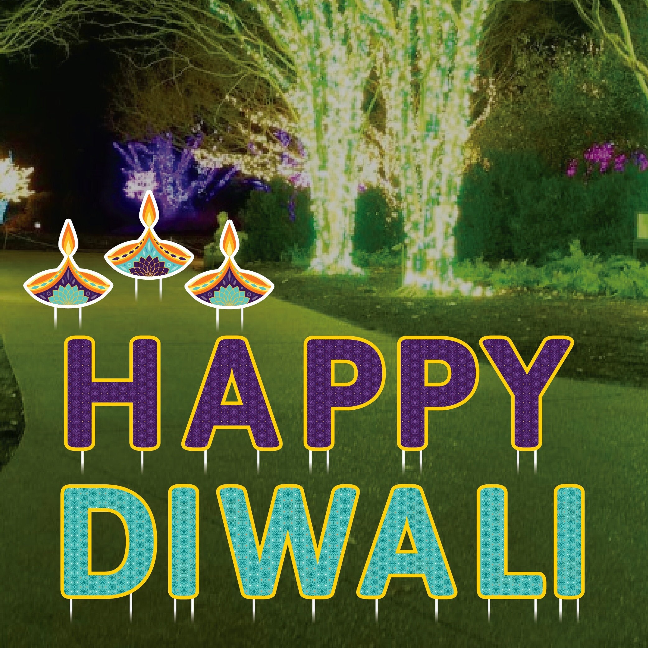 Diwali Yard Sign Cutouts, Coroplast Indian Diwali Festival Of Lights Party Lawn Decor, Happy Diwali Yard Signs Decorations with Metal Stake