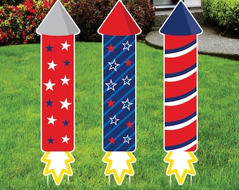 4th of July Firework Yard Sign Set, 3 Patriotic Rocket Decorations, Weatherproof Coroplast Sign, Stakes Included, Holiday Yard Decor
