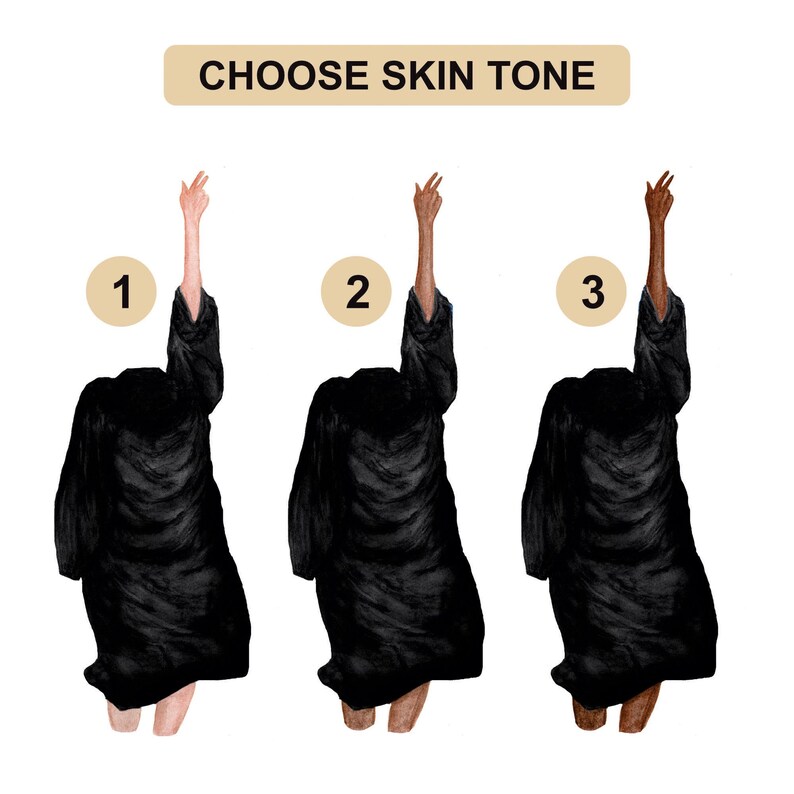 May include: Three illustrations of a person in a black graduation gown with different skin tones. The illustrations are numbered 1, 2, and 3. Choose Skin Tone.