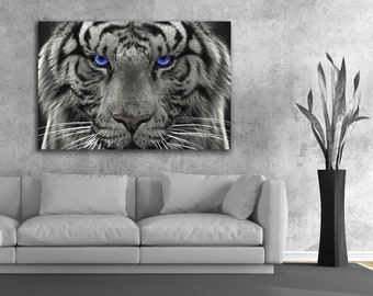 Blue Eyed Tiger Canvas Wall Art, White Tiger Canvas Print, Tiger Wall Art Gallery Canvas Wrap Framed Ready to Hang