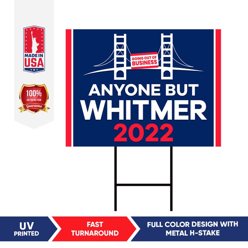 Coroplast Visible Text Michigan Recall Gretchen Whitmer Yard Sign with Metal H-Stake Anyone But Whitmer 2022 MI Yard Sign 18 x 12