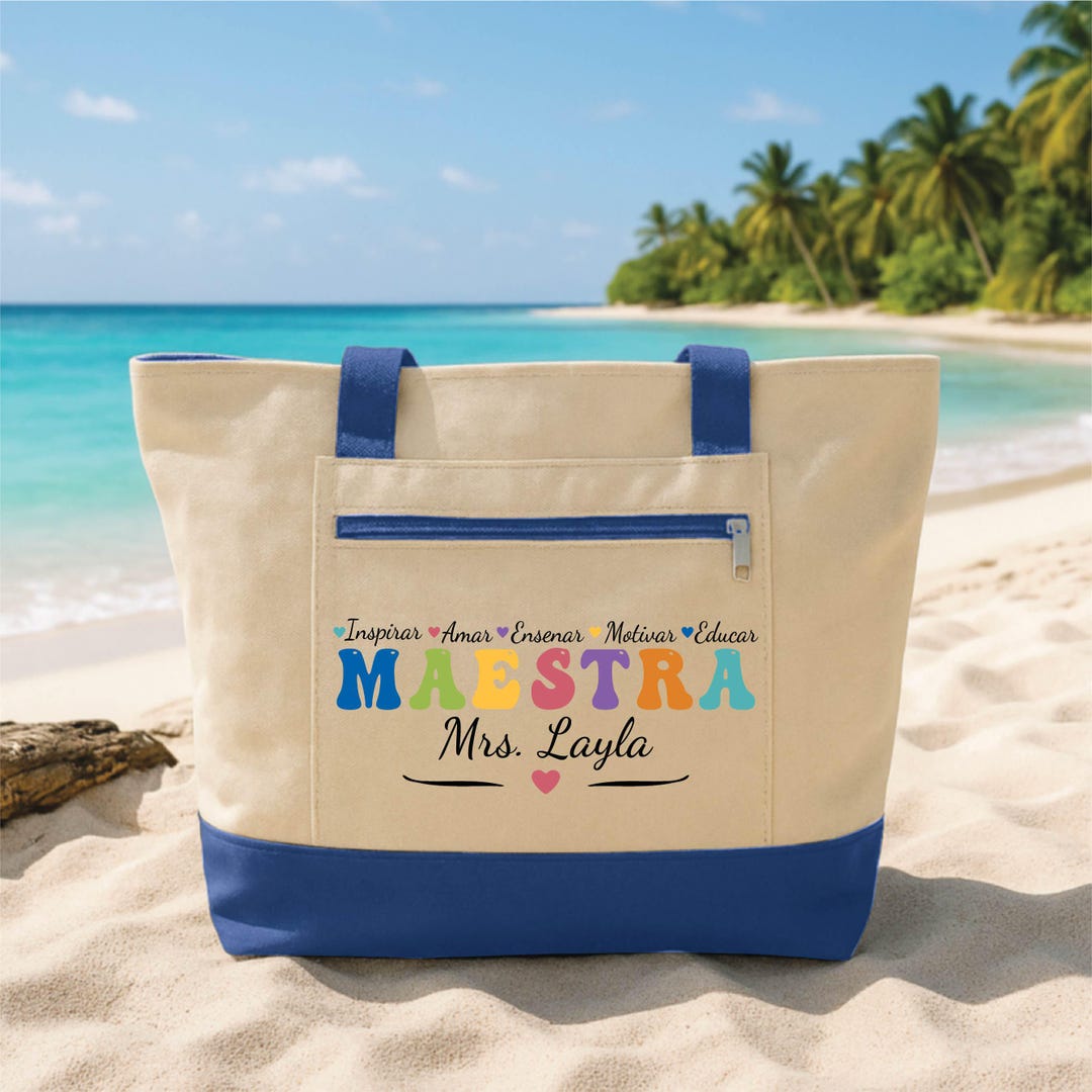 Personalized Maestra Tote Bag With Zipper, Custom Spanish Teacher Name ...