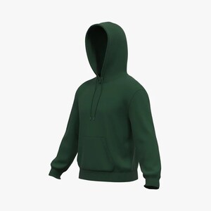 May include: A dark green hooded sweatshirt with a kangaroo pocket and a drawstring hood.