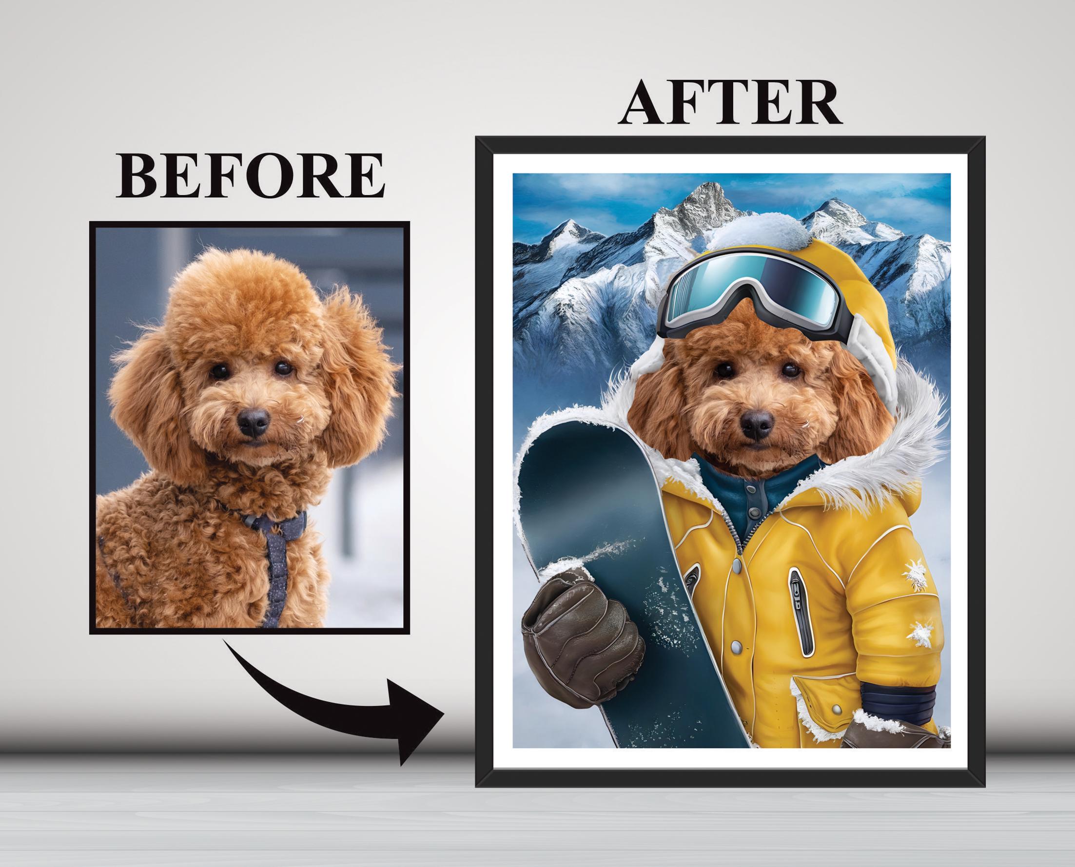Custom Snowboarding Pet Portrait Artwork, Personalized Dog or Cat