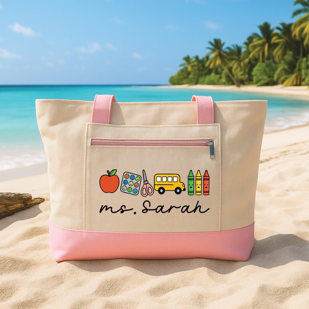 Custom Teacher Tote Bag With Zipper, Personalized Name Teacher Icons ...