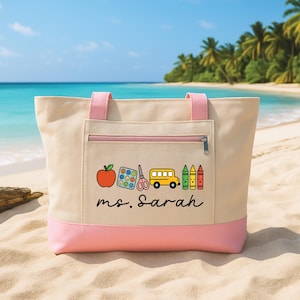 Bolsa de mano personalizada para profesores con cremallera, bolsa con iconos y nombre personalizado, bolsa para útiles escolares, regalo para profesores, bolsa para la vuelta al cole. imagen 1