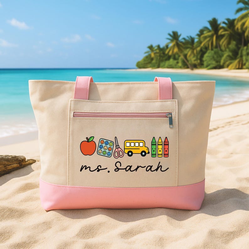 Bolsa de mano personalizada para profesores con cremallera, bolsa con iconos y nombre personalizado, bolsa para útiles escolares, regalo para profesores, bolsa para la vuelta al cole. imagen 1