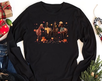 Fall Horse Thanksgiving Shirt, Autumn Horse Long Sleeve Shirt, Farm Animals Shirt, Horse Lover Tee, Horse Crewneck, Equestrian Fall T-Shirt