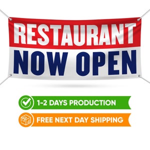 Restaurant Now Open Banner Sign - 13 oz Heavy Duty Waterproof Restaurant Now Open Vinyl Banner with Metal Grommets