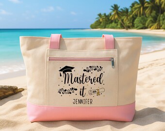Mastered It Graduation Tote Bag with Zipper, Personalized Masters Degree Gift, Class of 2026 Grad Canvas Bag, College Graduation Gift