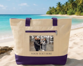 Personalized Photo Tote Bag with Zipper, Custom Picture Canvas Tote, Family Photo Bag, Photo Gift for Mom Dad, Beach Travel Tote