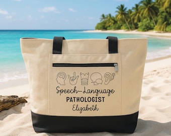 Speech Language Pathologist Tote Bag with Zipper, Personalized SLP Name Bag, Custom Therapist Gift, Speech Therapy Work Bag, Travel
