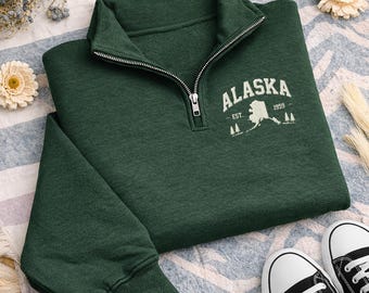 Sudadera personalizada con cremallera de un cuarto bordada de Alaska, jersey estatal personalizado, prenda de recuerdo vintage, regalo de orgullo estatal, recuerdo de viaje