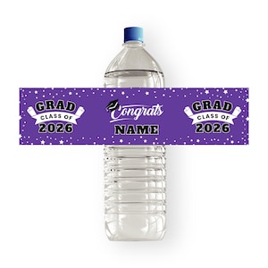 25 Pcs Custom Graduation 2026 Water Bottle Labels, Add Name Personalized Class of 2026 Graduation Party Decorations, Waterproof Grad Favors