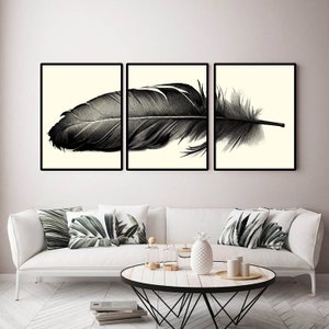 Feather Wall Art Set of 3, Framed Canvas Wall Art, Bird Feather Wall Art, Modern Wall Art Decor, Feather Prints, Feather Painting Artwork