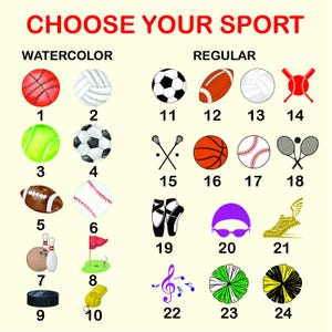 Peut inclure: Illustration avec le texte "CHOOSE YOUR SPORT" pr&eacute;sentant des &eacute;quipements sportifs en aquarelle et r&eacute;guliers. Comprend un ballon de basket-ball, de volley-ball, de football, de tennis, de baseball, des quilles, un palet de hockey, etc.