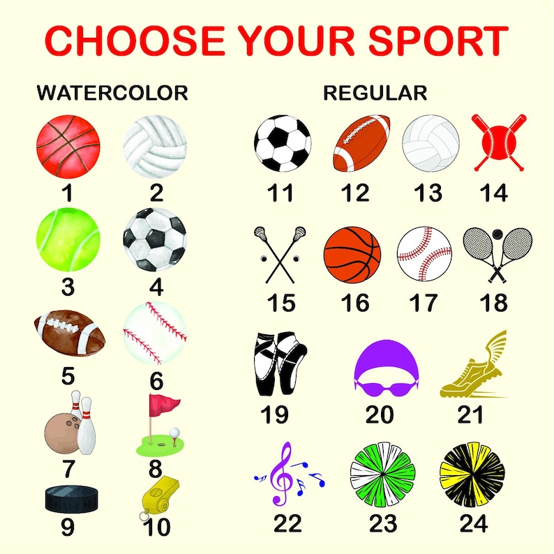 Peut inclure: Illustration avec le texte "CHOOSE YOUR SPORT" pr&eacute;sentant des &eacute;quipements sportifs en aquarelle et r&eacute;guliers. Comprend un ballon de basket-ball, de volley-ball, de football, de tennis, de baseball, des quilles, un palet de hockey, etc.