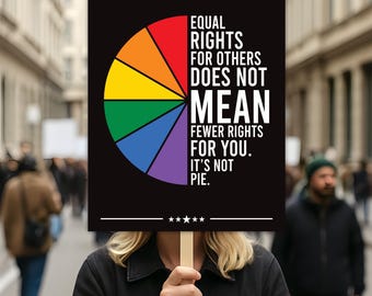 May include: A person holding a sign with a black background and the text "EQUAL RIGHTS FOR OTHERS DOES NOT MEAN FEWER RIGHTS FOR YOU. IT'S NOT PIE." A rainbow-colored pie chart is on the left side of the sign.