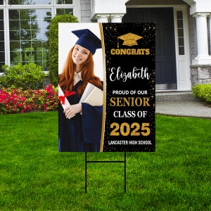Plaque de jardin personnalisée pour l&#39;obtention du diplôme 2025 avec photo - Plaque de remise des diplômes 2025, promotion 2025 personnalisée avec piquet en H en métal