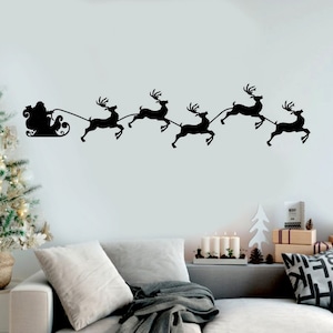 Merry Christmas Wall Decal - Santa Wall Sticker - Santa Sleigh Decal - Santa Sleigh With Reindeer Vinyl Decal - Christmas Stickers