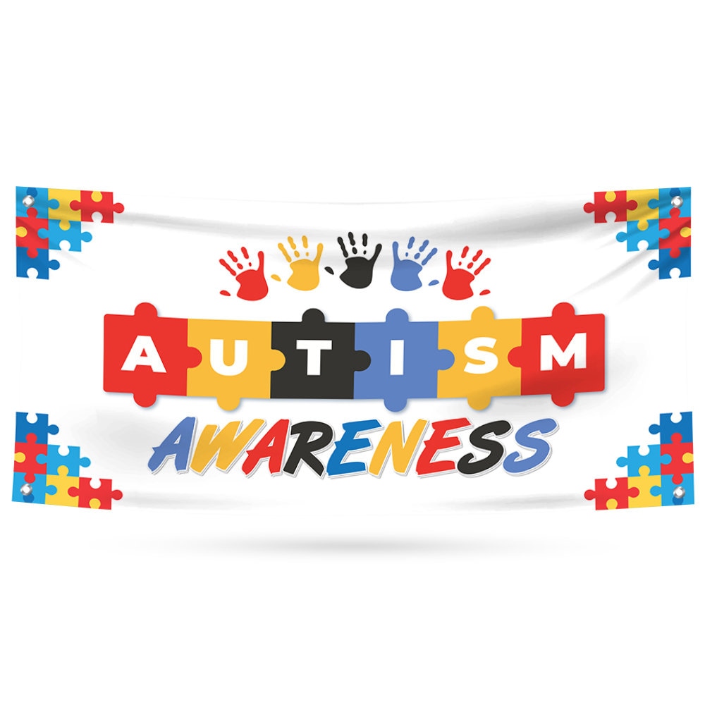 Autism Awareness Banner Sign - 13 Oz Love Needs No Words, Puzzle Piece ...