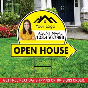 Custom Open House Arrow Yard Sign 18&quot; x 24&quot;, 2 Sided Add Your Text, Logo, Photo Personalized Open House Directional Signs with Metal H-Stake