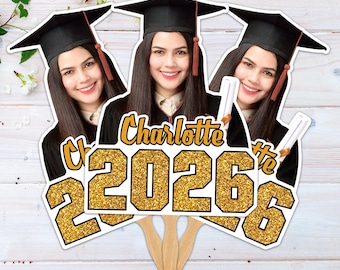 Custom Face Fans With Wooden Handle, Graduation Head, Grad Face Fans, Class of 2026 Head Fans, Graduation Faces on a Stick