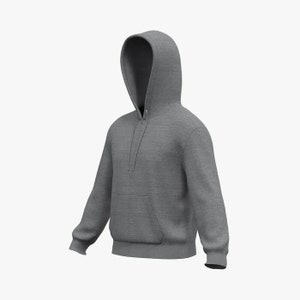 May include: A gray hooded sweatshirt with a pouch pocket on the front.