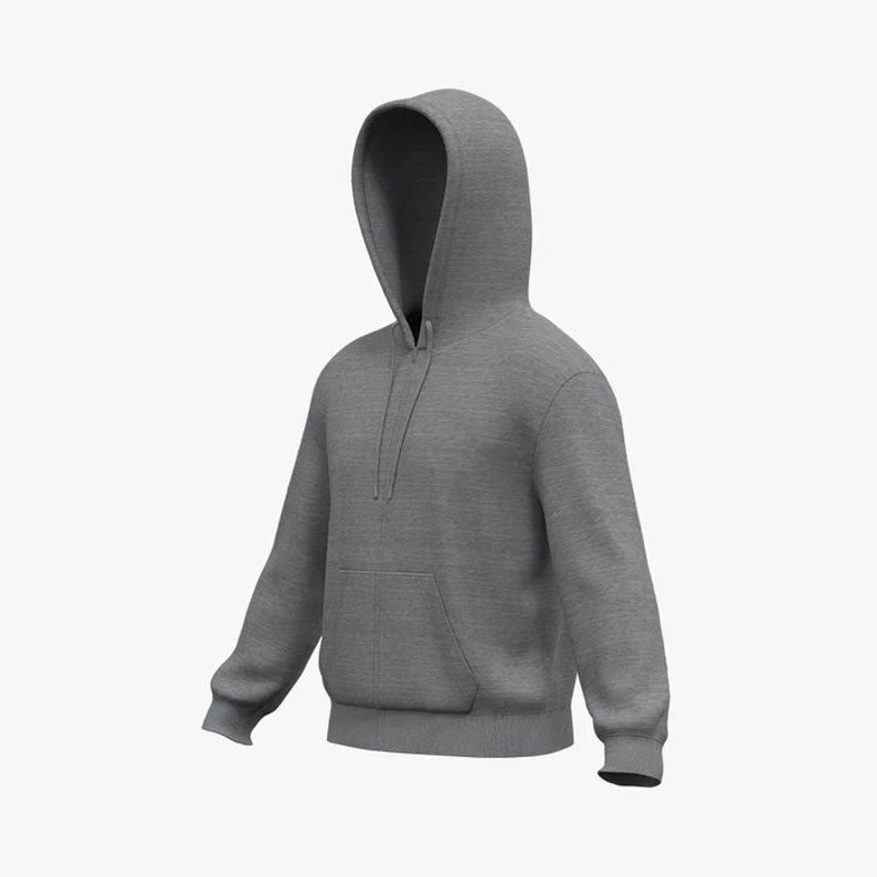 May include: A gray hooded sweatshirt with a pouch pocket on the front.