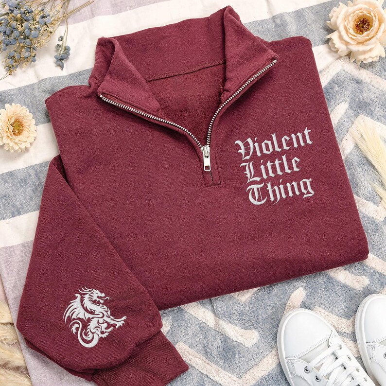Fourth Wing Dragon Embroidered Quarter Zip Sweatshirt, Book Lover Pullover, Fantasy Reader Gift, Dragon Sleeve Cozy Zip Sweater image 6