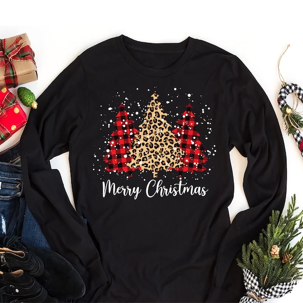 Merry Christmas Long Sleeve T-Shirt, Christmas Tree Unisex Long Sleeve Shirt, Christmas Shirt For Kids, Christmas Buffalo Plaid Shirt