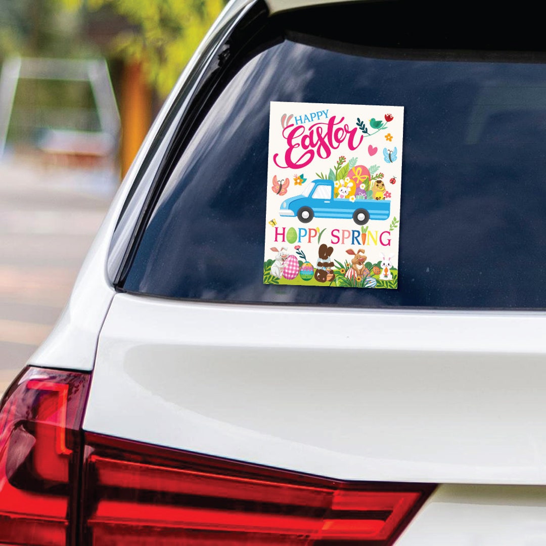 Happy Easter Sticker Vinyl Decal Easter Bunny With Eggs Spring Flowers