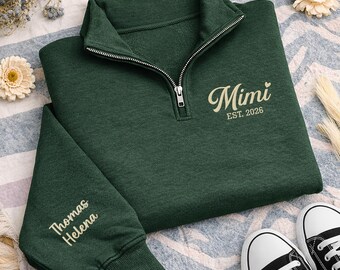 Mimi Est 2026 Embroidered Quarter Zip Sweatshirt, Personalized Grandma Pullover, New Grandma Gift, Custom Name Sleeve Family Gift