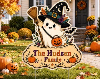 Personalized Halloween Yard Sign, Custom Family Name Lawn Sign, Cute Ghost Witch Cutout, Seasonal Outdoor Decor, Halloween Yard Decor