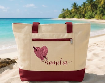 Custom Knitting Tote Bag with Zipper, Personalized Yarn Lover Crochet Bag, Knitter Gift Tote, Yarn Heart Bag, Craft Supplies Organizer Tote