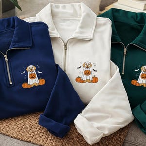 Ghost Dog Embroidered Quarter Zip Sweatshirt, Cute Puppy Pumpkin Fleece Pullover, Cozy Halloween Party Layer, Dog Lover Halloween Gift
