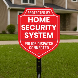 May include: A red and white home security sign with the text "PROTECTED BY HOME SECURITY SYSTEM POLICE DISPATCH CONNECTED" on a black metal stake, placed in a grassy garden.
