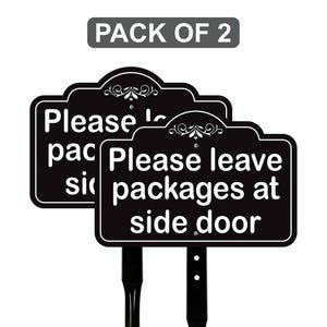 2 Pack Please Leave Packages at Side Door Yard Sign with 16&quot; Stake, Aluminum Delivery Instruction Sign, Outdoor Parcel Drop Off Lawn Sign