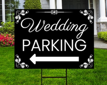 Letrero de flecha para estacionamiento de bodas - Letrero direccional de flecha para despedida de soltera en coroplast, letrero de estacionamiento para bodas con estaca metálica en forma de H