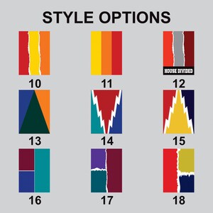 K&ouml;nnte beinhalten: Ein Diagramm mit 9 verschiedenen Stiloptionen f&uuml;r ein Design. Die Optionen sind von 10 bis 18 nummeriert. Jede Option zeigt eine andere Kombination aus Farben und Mustern. Der Text "HOUSE DIVIDED" erscheint in Option 12.