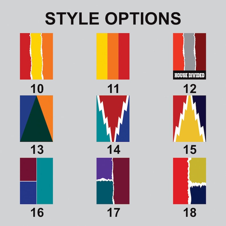 K&ouml;nnte beinhalten: Ein Diagramm mit 9 verschiedenen Stiloptionen f&uuml;r ein Design. Die Optionen sind von 10 bis 18 nummeriert. Jede Option zeigt eine andere Kombination aus Farben und Mustern. Der Text "HOUSE DIVIDED" erscheint in Option 12.