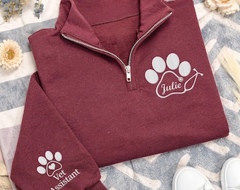 Vet Tech Paw Stethoscope Embroidered Quarter Zip Sweatshirt, Personalized Veterinarian Monogram Pullover, Animal Rescue Gift