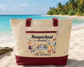 Homeschool Mama Tote Bag with Zipper, Personalized Family Name Bag, Homeschool Mom Gift, Custom Teacher Mom Gift, Work Travel Tote