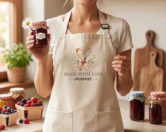 Personalized Baking Apron, Name Cooking Apron, Kitchen Apron with Pockets, Made With Love Design for Home Baker, Gift for Mom or Grandma