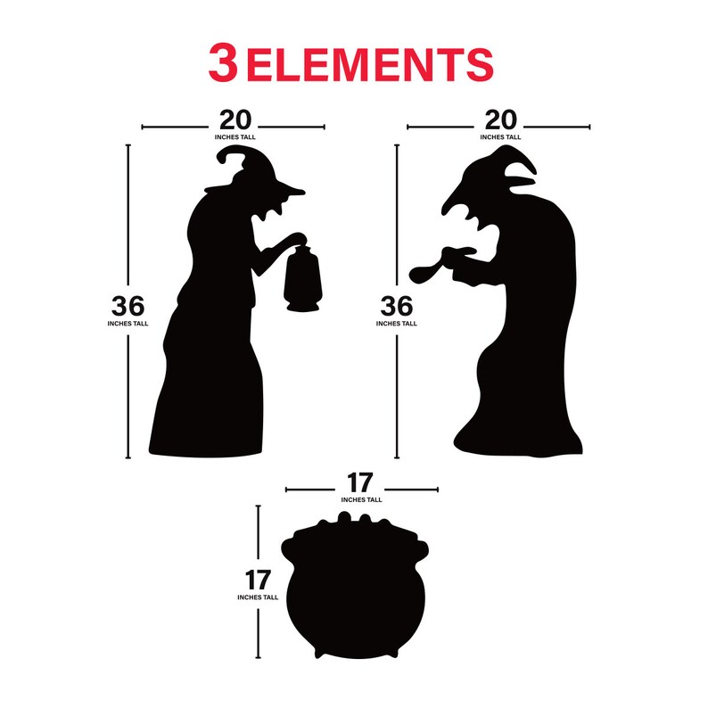May include: Three Halloween decorations: two black witch silhouettes, each 36 inches tall and 20 inches wide, and a black cauldron, 17 inches tall and 17 inches wide.