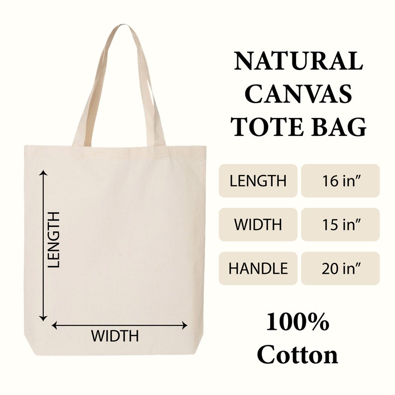 May include: A natural canvas tote bag with a 16 inch length, 15 inch width, and 20 inch handles. The bag is made of 100% cotton.