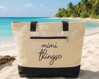 Custom Tote Bag with Zipper, Mimi Things Personalized Tote, Custom Canvas Bag, Mimi Gift, Grandma Travel Tote, Beach Bachelorette Lake Trip